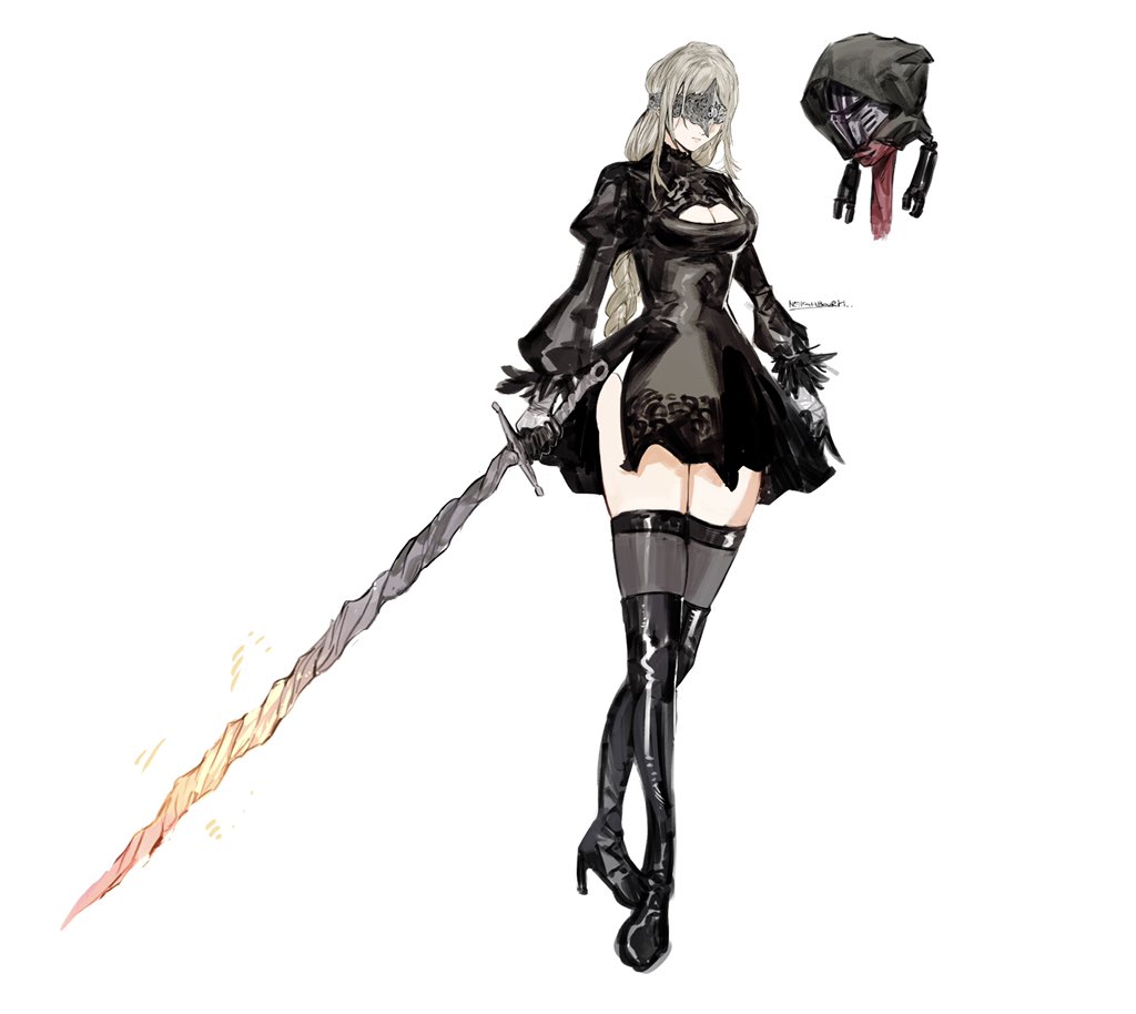 1girl 1other ambiguous_gender artist_name ashen_one_(dark_souls_3) bangs black_gloves black_thighhighs boots breasts closed_mouth clothing_cutout cosplay dark_souls_(series) dark_souls_iii fire_keeper gloves high_heel_boots high_heels holding holding_weapon juliet_sleeves long_hair long_sleeves puffy_sleeves shiny_hair simple_background solo_focus thigh_boots thighhighs weapon weapon_request white_background yorha_no._2_type_b yorha_no._2_type_b_(cosplay) yourfreakyneighbourh