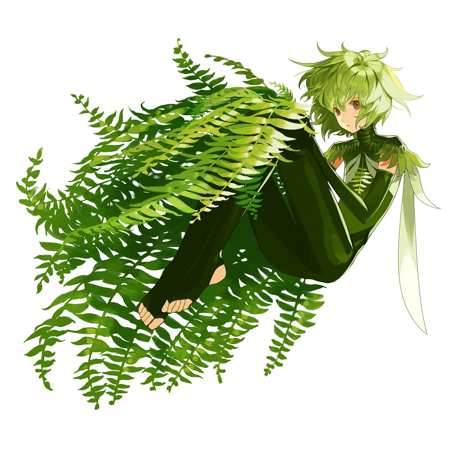 1other :o androgynous bangs brown_eyes detached_sleeves elbow_gloves floating full_body gloves green_hair green_wings hair_between_eyes highres knees_up leaf long_sleeves looking_at_viewer original plant simple_background solo toeless_legwear white_background wings zerg_(z79438659)
