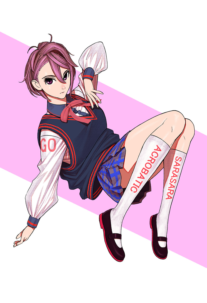 aira_shiratori_(dandadan) character_name dandadan english_text eyelashes jacket kneehighs looking_at_viewer official_art pink_eyes pink_hair red_ribbon ribbon serious shoes short_hair skirt socks white_jacket yukinobu_tatsu