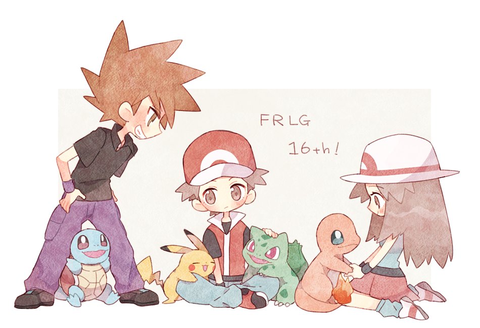 1girl 2boys anniversary arms_up baseball_cap black_footwear black_shirt black_wristband blue_eyes blue_oak blue_pants blue_shirt blue_socks bright_pupils brown_eyes brown_hair bulbasaur charmander chibi closed_eyes collared_shirt copyright_name expressionless fangs flame-tipped_tail full_body grey_background grin hand_on_lap happy hat high_collar jacket kneeling leaf_(pokemon) leaning_forward long_hair looking_down looking_up mgomurainu multiple_boys open_mouth pants pikachu pokemon pokemon_(creature) pokemon_frlg purple_pants purple_wristband red_(pokemon) red_eyes red_footwear red_headwear red_jacket red_skirt shirt shoes short_hair short_sleeves sitting skirt sleeveless sleeveless_shirt smile socks spiked_hair squirtle standing turtle white_headwear wristband