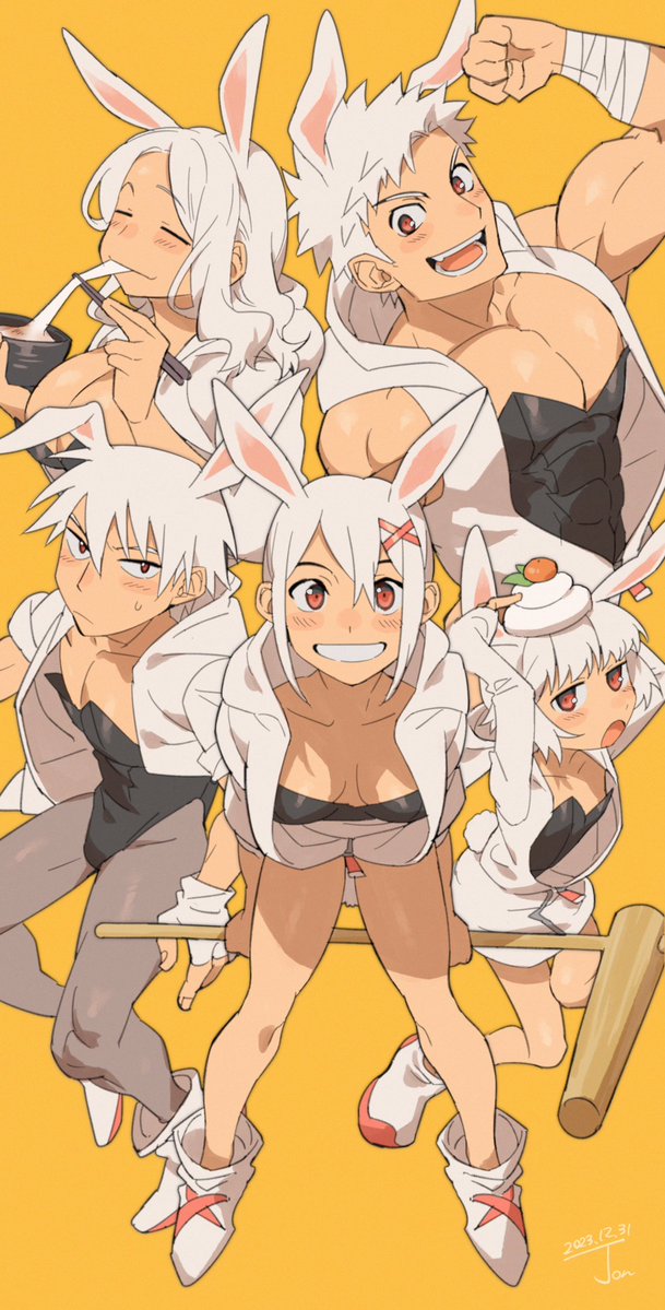 2boys 3girls animal_ears ankle_boots bandages boots breasts chopsticks cleavage closed_eyes eating extra_ears food food_on_head fruit fruit_on_head hair_ornament hammer hood hoodie kagami_mochi leotard long_hair male_playboy_bunny mandarin_orange mochi moon_rabbit multiple_boys multiple_girls muscular muscular_male new_year object_on_head orange_(fruit) original pantyhose partially_unzipped pectoral_cleavage pectorals rabbit_ears red_eyes sagami_jon sleeveless sleeveless_hoodie smile white_hair x_hair_ornament yellow_background