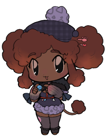 1girl :3 animal_ears beret black_eyes borrowed_character brown_hair charm_(object) chest_harness chibi curly_hair dark-skinned_female dark_skin dog_ears dog_girl dog_tail double_bun dress elbow_gloves fingerless_gloves full_body fur-tipped_tail fur-trimmed_dress fur_trim gloves hair_bun hair_ornament hairpin hands_up harness hat heart heart_hair_ornament holding holding_charm lapithai looking_at_viewer lowres medium_hair open_mouth original paw_hair_ornament pom_pom_(clothes) poodle purple_dress sidelocks simple_background sleeveless sleeveless_dress solo standing tail thighhighs transparent_background
