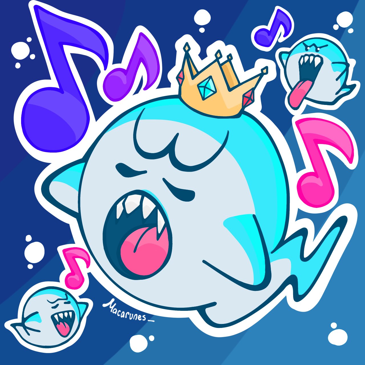 3boys artist_name blue_background boo_(mario) crown ghost ghost_tail highres king_boo m4carunes mario_(series) multiple_boys music musical_note nintendo no_humans open_mouth singing super_mario_bros._wonder tongue tongue_out