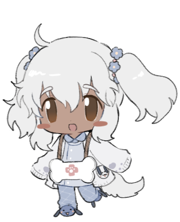 1girl ahoge animal_slippers blue_footwear blue_pants blue_shirt blush_stickers borrowed_character brown_eyes chibi collared_shirt dark-skinned_female dark_skin full_body grey_hair hair_between_eyes lapithai long_hair long_sleeves looking_at_viewer lowres no_pupils open_mouth original pants shirt simple_background sleeves_past_fingers sleeves_past_wrists slippers solo standing standing_on_one_leg sweater transparent_background two_side_up white_sweater