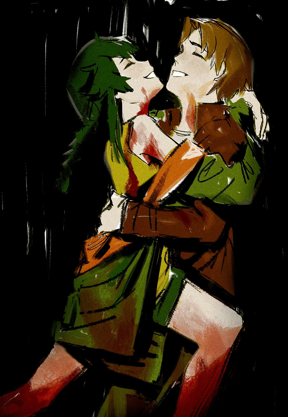 1boy 1girl arms_around_neck arms_around_waist black_background blood blood_on_clothes blood_on_face blood_on_feet braid braided_ponytail brown_hair closed_eyes commentary_request face-to-face feet_out_of_frame from_side fusaishi_haruaki green_hair green_jacket green_shorts grin hair_flaps highres hug jacket jacket_partially_removed long_hair ma_fu mutual_hug profile raging_loop serizawa_chiemi shirt short_hair short_shorts shorts sleeveless sleeveless_shirt smile standing yellow_shirt