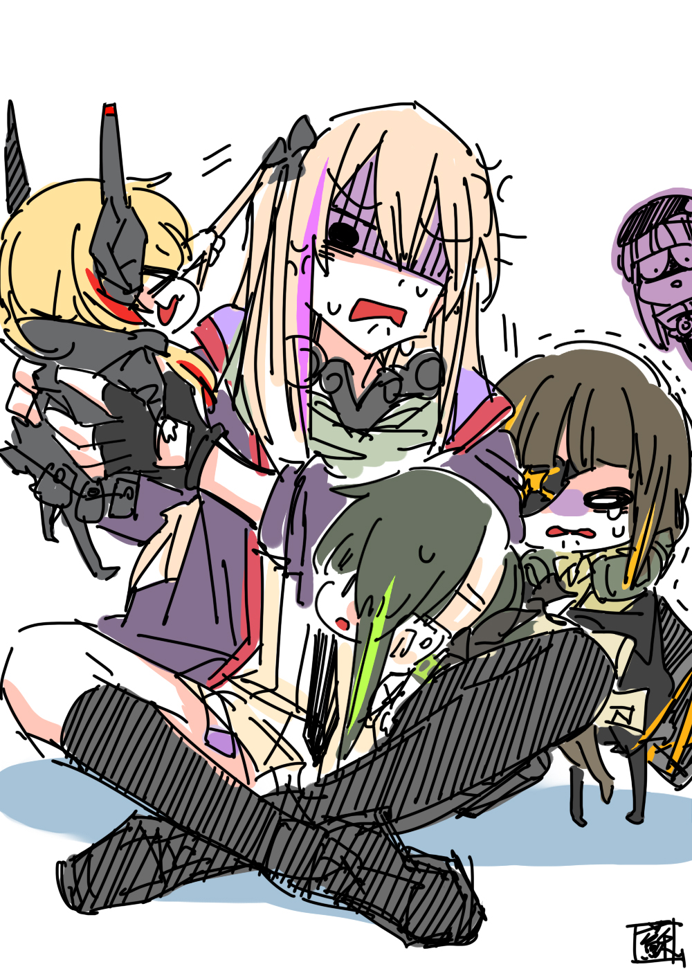 &gt;_&lt; 5girls :3 anger_vein anti-rain_(girls'_frontline) asymmetrical_legwear beret black_footwear black_gloves black_hair black_jacket black_socks black_thighhighs blonde_hair blunt_bangs blush_stickers brown_hair carrying carrying_person chibi chibi_inset chinese_commentary commentary_request eyepatch fingerless_gloves full_body girls'_frontline gloves grabbing_another's_hair grey_hair hair_ornament hat headgear highres hk416_(girls'_frontline) jacket kneehighs long_hair long_sleeves m16a1_(girls'_frontline) m4_sopmod_ii_(girls'_frontline) m4a1_(girls'_frontline) multicolored_hair multiple_girls necktie o_o open_mouth peeking_out purple_hair purple_jacket red_hair seal_impression shaded_face simple_background sitting socks st_ar-15_(girls'_frontline) streaked_hair su_xiao_jei tearing_up tears thighhighs trembling uneven_legwear white_background x3 |_|