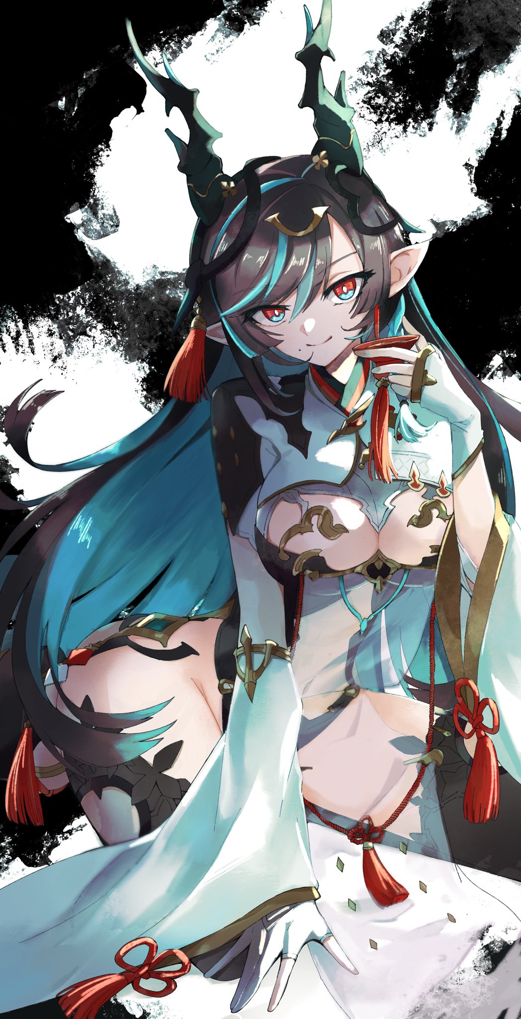 1girl black_hair black_thighhighs breast_cutout breasts cleavage cleavage_cutout clothing_cutout colored_inner_hair detached_sleeves dragon_girl dragon_horns draph dress fingerless_gloves geev gloves gradient_hair granblue_fantasy green_eyes green_hair hair_ornament highres horn_ornament horns large_breasts leotard long_hair looking_at_viewer mole mole_under_mouth multicolored_eyes multicolored_hair navel navel_cutout payila_(granblue_fantasy) pelvic_curtain pointy_ears red_eyes see-through see-through_dress solo stirrup_legwear stomach_cutout tassel tassel_hair_ornament thighhighs thighs toeless_legwear two-tone_eyes two-tone_hair very_long_hair white_gloves wide_hips