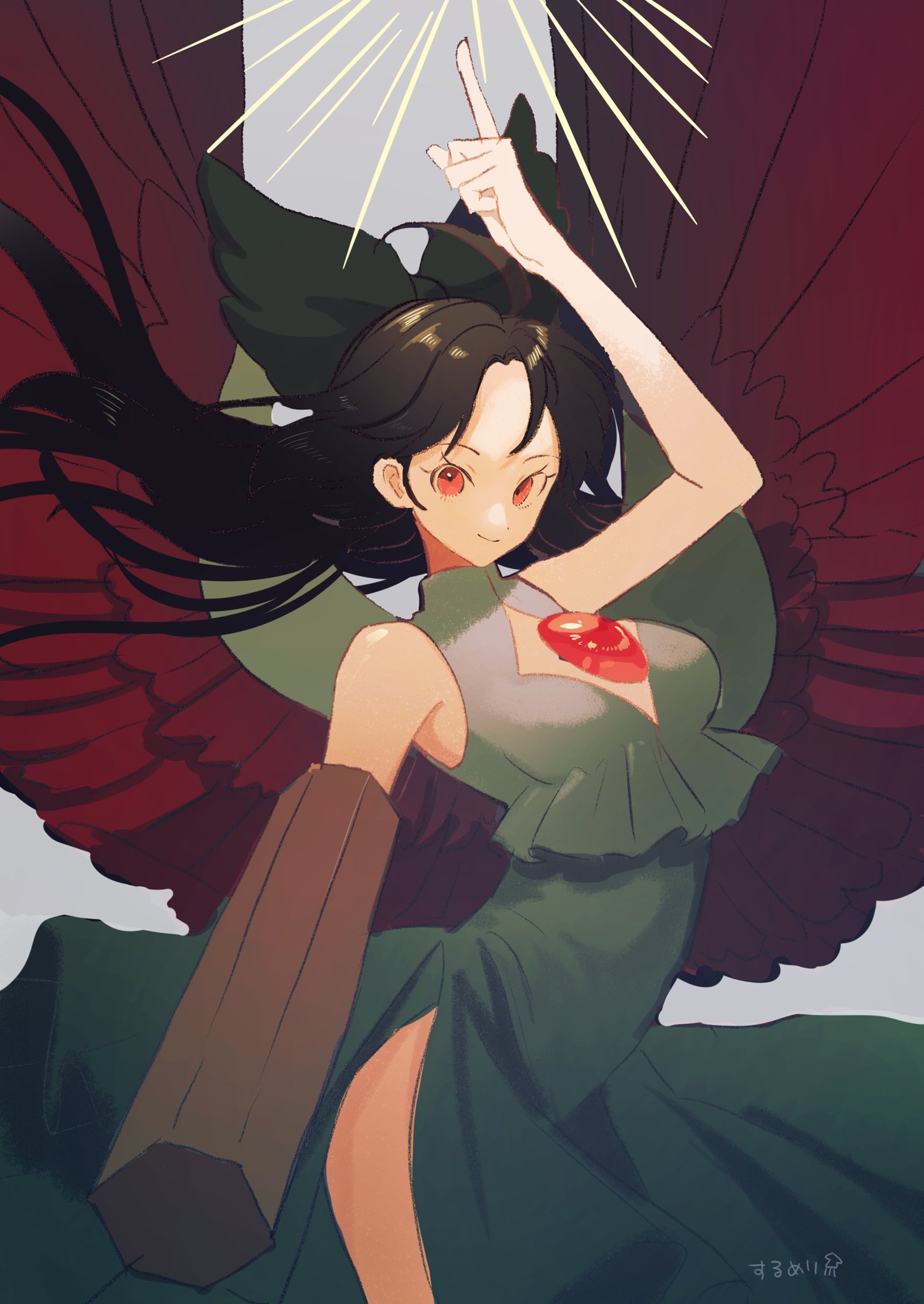 1girl alternate_costume arm_cannon arm_up bird_wings black_hair bow closed_mouth commentary_request dress green_bow green_dress grey_background hair_bow highres long_hair looking_at_viewer one-hour_drawing_challenge parted_bangs pointing pointing_up protected_link red_eyes reiuji_utsuho simple_background sleeveless sleeveless_dress smile solo surumeri_(baneiro) touhou weapon wings