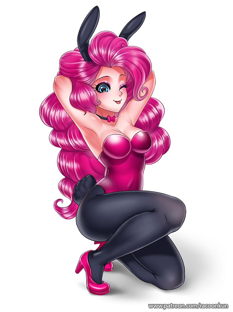 1girl animal_ears black_pantyhose blue_eyes breasts high_heels humanization large_breasts long_hair looking_at_viewer my_little_pony my_little_pony:_equestria_girls my_little_pony:_friendship_is_magic pantyhose pink_hair pinkie_pie playboy_bunny rabbit_ears rabbit_tail racoon-kun solo tail