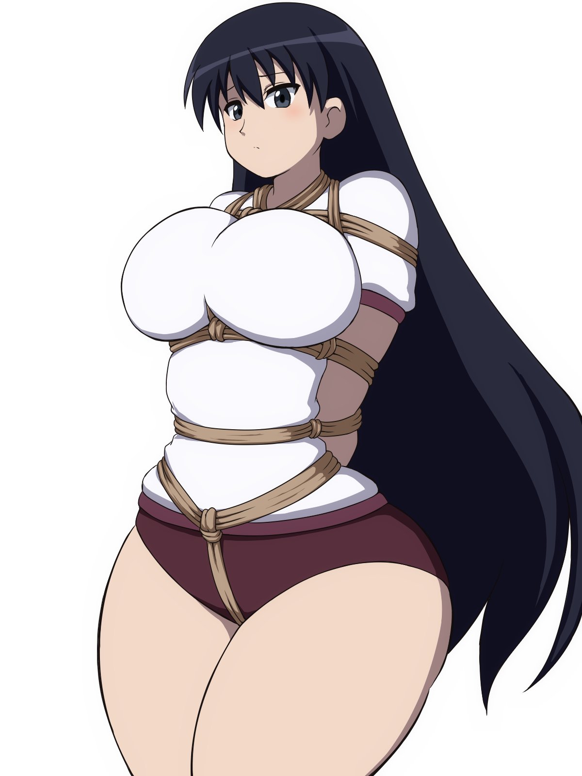 1girl arms_behind_back azumanga_daioh bdsm blush bondage bound breasts buruma cowboy_shot crotch_rope curvy gym_shirt gym_uniform highres large_breasts legs_together long_hair nervous official_alternate_costume okra_sticky red_buruma rope sakaki shirt simple_background solo thick_thighs thighs translation_request white_background