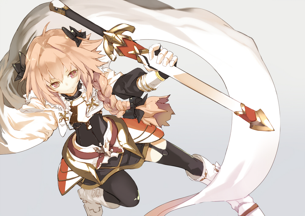 1boy astolfo_(fate) black_bow boots bow braid cape cloak fate/apocrypha fate/grand_order fate_(series) fur-trimmed_cape fur_trim garter_straps gauntlets hair_bow hair_intakes holding holding_sword holding_weapon long_hair male_focus otoko_no_ko pink_hair purple_eyes ribbon sheath sheathed shiromiso single_braid skirt solo sword thighhighs weapon white_footwear