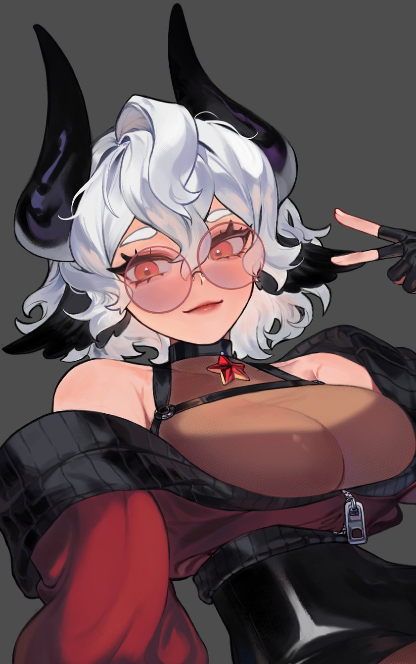 1girl bare_shoulders black_gloves black_horns blush bodystocking breasts character_request cleavage commentary_request curly_hair eus_ing glasses gloves highres horns large_breasts looking_at_viewer original pink_eyes puffy_sleeves smile solo star_ornament v zipper