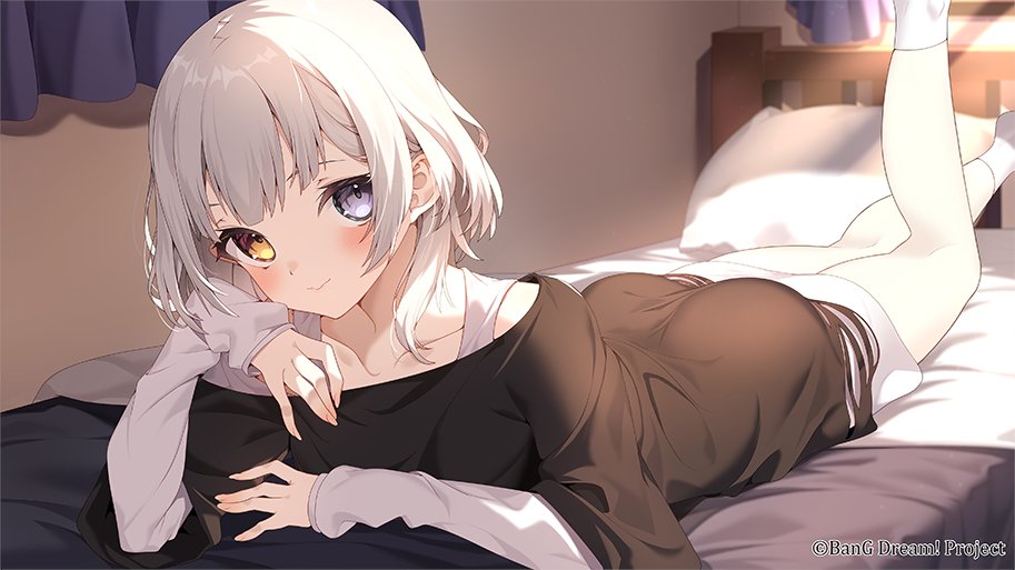 1girl bang_dream! bang_dream!_it's_mygo!!!!! bed bedroom blue_eyes grey_hair guest_art heterochromia jun_(aousa0328) kaname_raana looking_at_viewer on_bed short_hair white_hair yellow_eyes