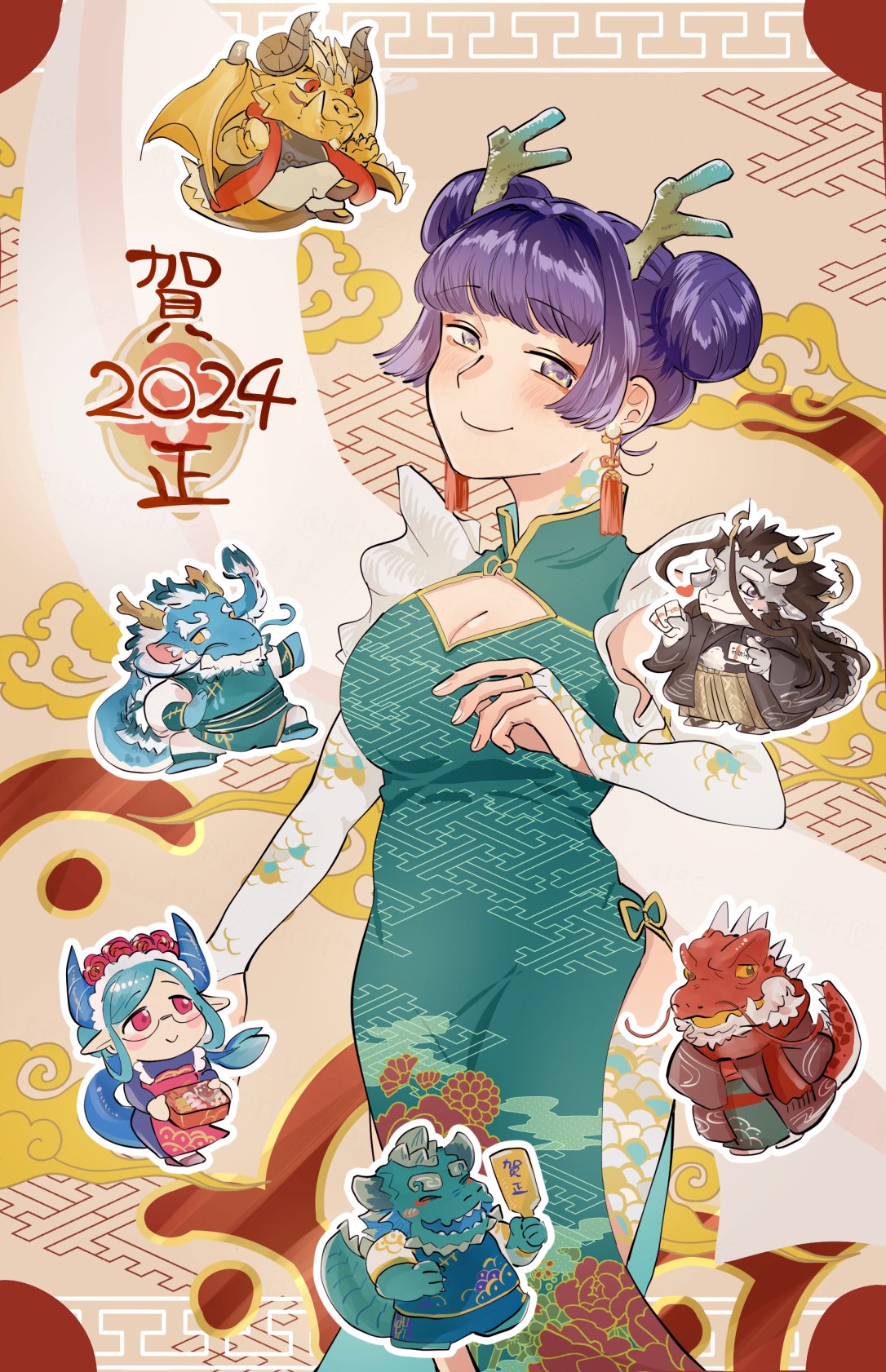2024 blush bridal_gauntlets chibi chibi_inset china_dress chinese_clothes chinese_zodiac cipactli_(housamo) cleavage_cutout clothing_cutout double_bun dragon_horns dress e_fr0nt earrings fuxi_(housamo) green_dress hair_bun half-closed_eyes highres horns itzamna_(housamo) jewelry looking_at_another looking_at_viewer medium_bangs melusine_(housamo) ophion_(housamo) protagonist_2_(housamo) purple_hair qinglong_(housamo) scales side_slit sidelocks smile tokyo_afterschool_summoners whorled_clouds year_of_the_dragon