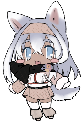 1girl :3 animal_ears belt black_scarf blue_eyes blush_stickers borrowed_character brown_leg_warmers brown_skirt chest_harness chibi dark-skinned_female dark_skin dog_ears dog_girl dog_tail full_body fur-trimmed_sleeves fur_trim grey_hair hair_between_eyes hairband hands_up harness lapithai leg_warmers long_hair long_sleeves looking_at_viewer lowres no_pupils open_mouth original pom_pom_(clothes) scarf shrug_(clothing) simple_background skirt solo standing sweater tail thighhighs transparent_background white_hair white_sweater white_thighhighs