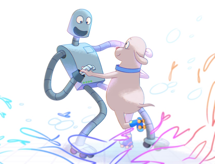 anthro canid canine canis collar dog_(robot_dreams) domestic_dog duo greenpoky hand_holding machine male mammal robot robot_(robot_dreams) robot_dreams roller_skates smile