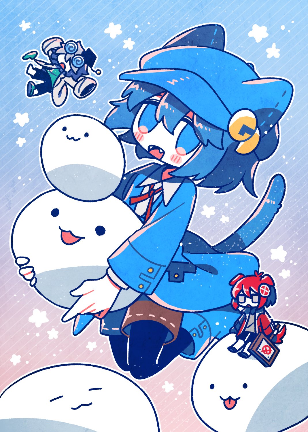 1other 2boys androgynous animal_ear_headwear animal_ears blue_background blue_eyes blue_hair blue_jacket blush_stickers boots brown_shorts cabbie_hat cat_tail chibi coke-bottle_glasses collared_shirt commentary covered_eyes creature debug_hakase_(yaigi) dog_ears dog_tail error-kun_(yaigi) eyewear_on_head fangs glasses godot-san_(yaigi) godot_(game_engine) gradient_background grey_eyes grey_hair hair_ornament hair_over_eyes hat highres holding holding_creature holding_sign jacket jitome lab_coat looking_at_viewer mini_person miniboy mortarboard multiple_boys neck_ribbon open_mouth pantyhose_under_shorts red_hair red_jacket red_ribbon ribbon shirt short_hair shorts sign slippers smile starry_background symbol-only_commentary tail x x_hair_ornament yaigi
