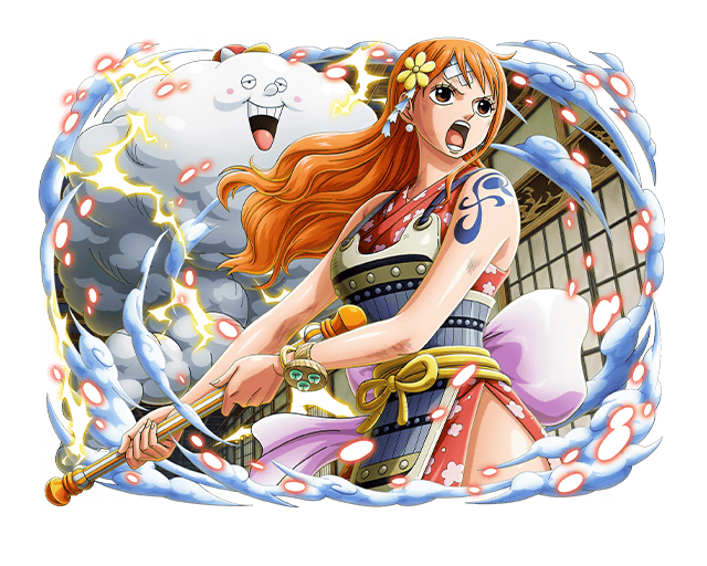bandaid brown_eyes clima-tact cloud hair_ornament holding holding_polearm holding_weapon japanese_clothes long_hair nami_(one_piece) official_art one_piece one_piece_treasure_cruise open_mouth orange_hair polearm tattoo weapon zeus_(one_piece)