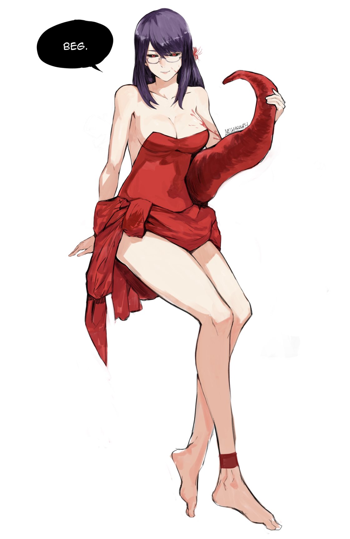 1girl artist_name bangs bare_arms bare_shoulders barefoot black_sclera breasts cleavage closed_mouth collarbone colored_sclera commentary dress flower glasses hair_flower hair_ornament highres kagune_(tokyo_ghoul) kamishiro_rize large_breasts purple_hair red_dress red_eyes red_flower shiny_hair simple_background smile solo strapless strapless_dress tokyo_ghoul white_background yourfreakyneighbourh