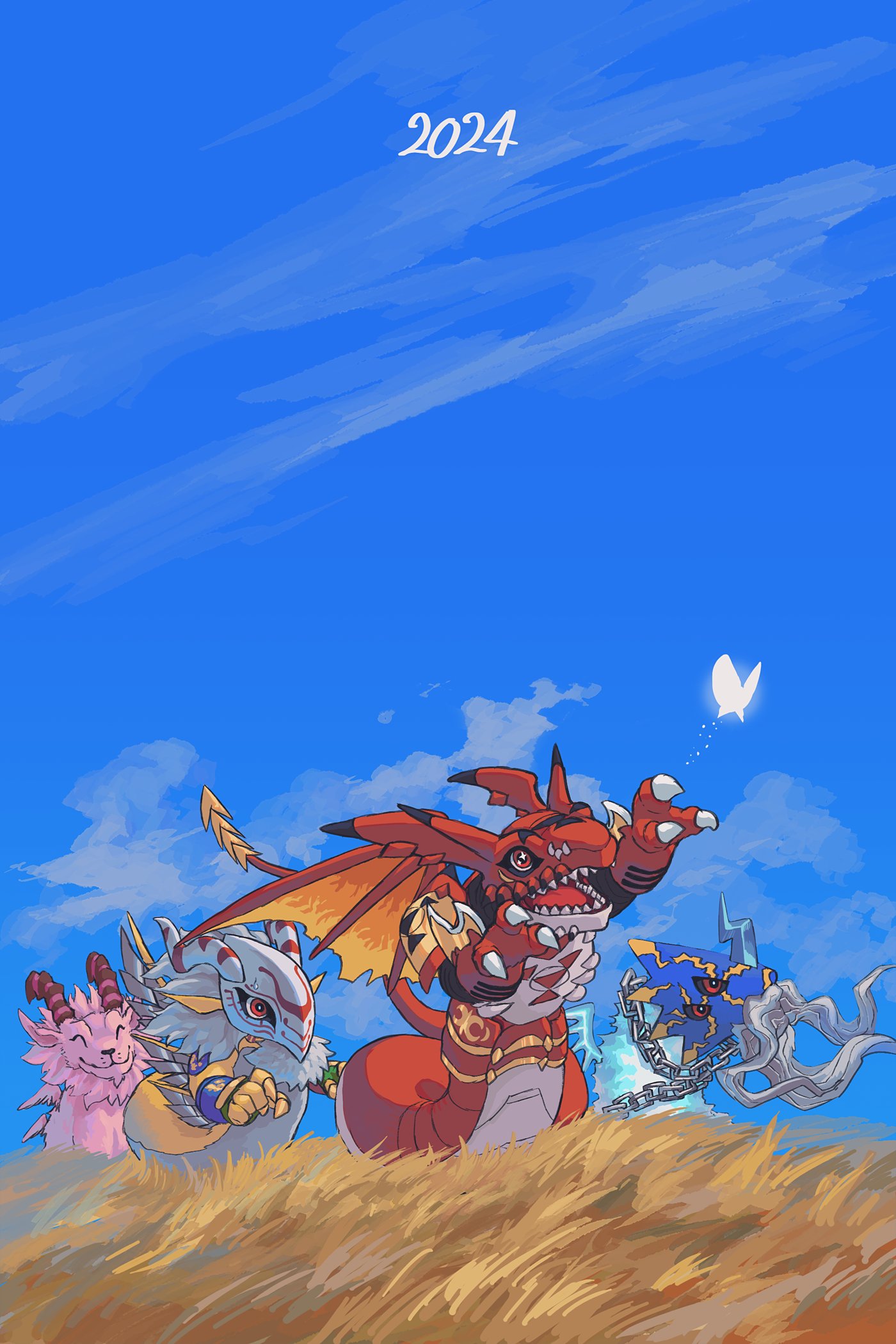 2024 blue_sky bug butterfly chibi chinese_zodiac closed_eyes digimon dragon extra_eyes goddramon highres holydramon kira_(kira_dra) megidramon qinglongmon red_eyes sky year_of_the_dragon