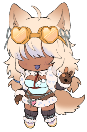 1girl :3 ahoge animal_ears blonde_hair blue_hair blue_leotard blue_ribbon borrowed_character brown_gloves brown_hair brown_skirt chest_harness chibi chow_chow closed_mouth colored_tips colored_tongue dark-skinned_female dark_skin detached_sleeves dog_ears dog_girl dog_tail facing_viewer full_body fur-trimmed_footwear fur-trimmed_skirt fur-trimmed_sleeves fur_trim gloves goggles goggles_on_head gradient_hair grey_leg_warmers hair_over_eyes hair_ribbon hand_up harness lapithai leg_warmers leotard long_hair low_twintails lowres multicolored_hair original partially_fingerless_gloves pigeon-toed pom_pom_(clothes) purple_tongue ribbon simple_background skirt solo standing tail tinted_eyewear tongue tongue_out transparent_background twintails v yellow-framed_eyewear yellow-tinted_eyewear
