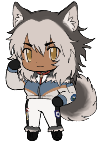 1girl :3 animal_ear_fluff animal_ears black_gloves blue_jacket borrowed_character chibi closed_mouth curled_tail dark-skinned_female dark_skin dog_ears dog_tail full_body gloves grey_hair hair_between_eyes hand_on_own_hip hand_up jacket lapithai long_hair long_sleeves looking_at_viewer lowres multicolored_hair original pants simple_background solo standing tail transparent_background white_pants yellow_eyes