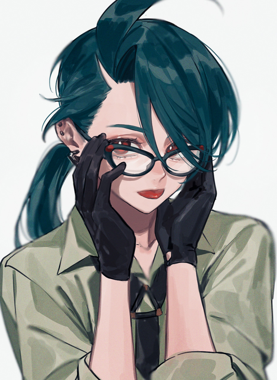 1girl :p androgynous aqua_hair bangs bespectacled black-framed_eyewear black_gloves black_necktie bright_pupils collarbone collared_shirt commentary ear_piercing earrings glasses gloves green_shirt hands_on_eyewear hands_on_own_cheeks hands_on_own_face hands_up highres itou_(very_ito) jewelry long_hair looking_at_viewer necktie piercing pokemon pokemon_(game) pokemon_sv ponytail portrait red_eyes rika_(pokemon) shirt simple_background solo swept_bangs symbol-only_commentary tongue tongue_out white_background white_pupils
