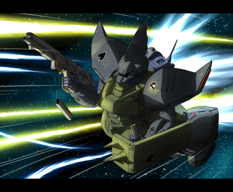 ace_(playing_card) ace_of_spades assault_rifle battle card energy_beam fake_screenshot gelgoog gelgoog_marine gun gundam gundam_0083 inyucchi machine_gun machinery magazine_(weapon) mecha mecha_focus milky_way mobile_suit nebula no_humans playing_card radio_antenna rifle robot roundel science_fiction shield space spade_(shape) spikes star_(sky) starry_background thrusters vernier_thrusters weapon