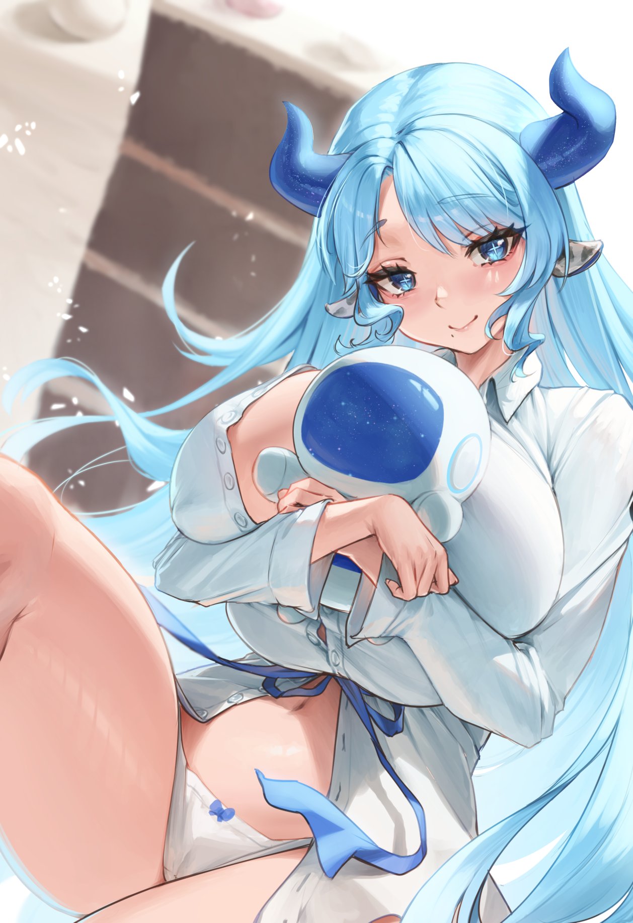 1girl animal_ears blue_eyes breasts closed_mouth collared_shirt cow_ears cow_girl cow_horns highres horns hugging_object indie_virtual_youtuber indoors large_breasts long_hair long_sleeves looking_at_viewer miilkywayz mole mole_under_mouth padoruu panties shirt sitting solo stuffed_animal stuffed_toy underwear virtual_youtuber white_panties