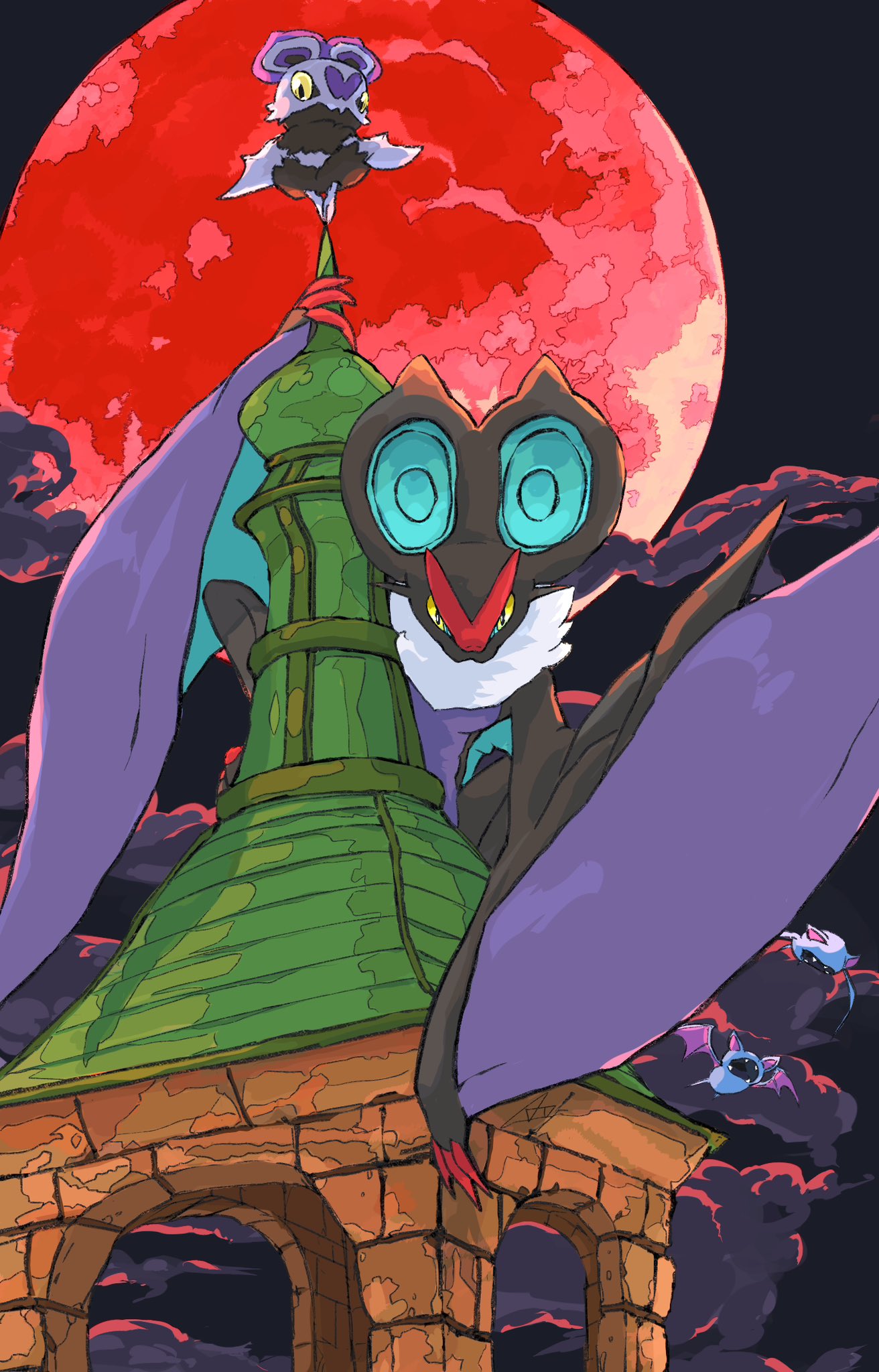 animal_focus aomon_(yuuji7604) bat_(animal) black_skin cloud colored_skin commentary evolutionary_line flying highres looking_at_viewer moon night night_sky no_humans noibat noivern pokemon pokemon_(creature) red_moon sky symbol-only_commentary tower wings yellow_eyes zubat