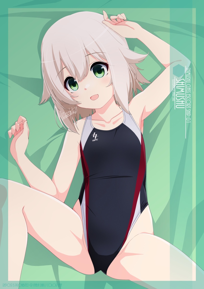 1girl artist_name black_one-piece_swimsuit breasts character_name commentary_request competition_swimsuit feet_out_of_frame green_eyes highleg highleg_swimsuit highres inaba_shiki kantai_collection looking_at_viewer lying multicolored_clothes multicolored_swimsuit one-piece_swimsuit open_mouth paid_reward_available shimushu_(kancolle) short_hair small_breasts smile solo spread_legs swimsuit white_hair