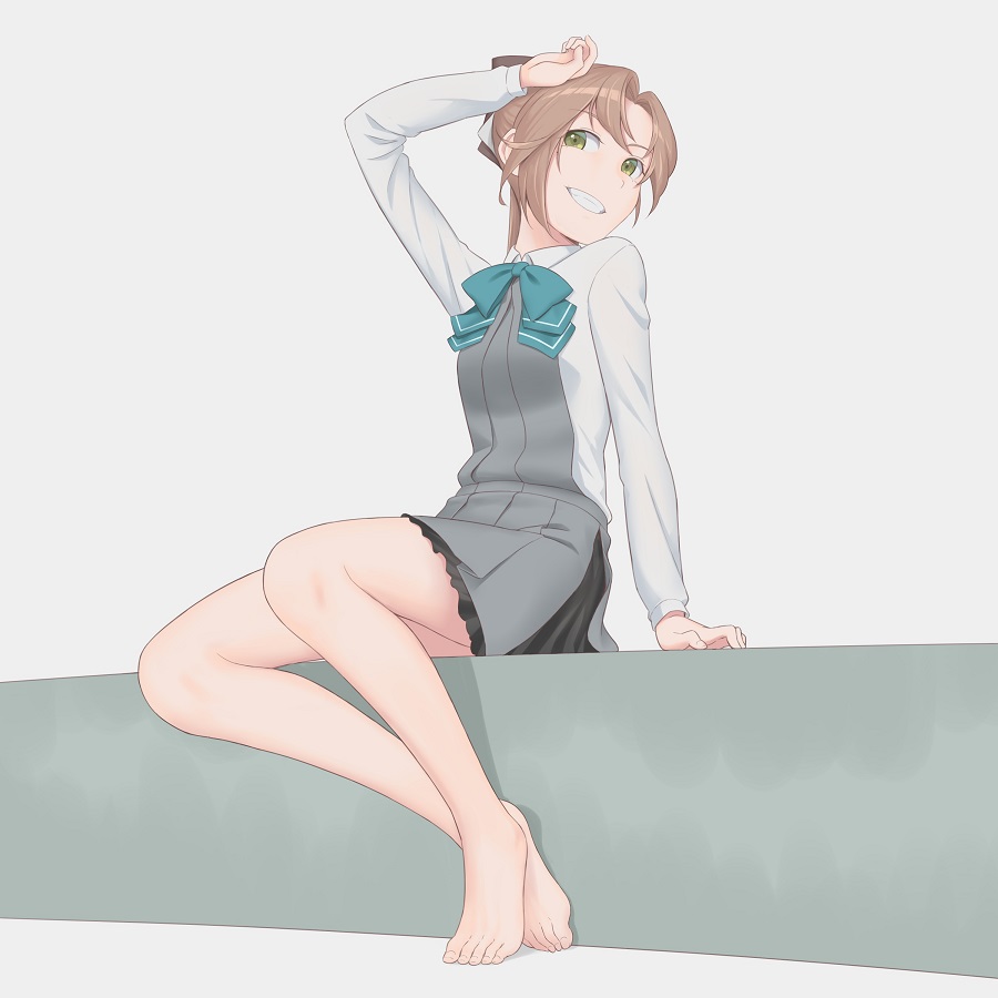 1girl akigumo_(kancolle) barefoot blazer brown_hair dress feet full_body green_eyes hair_between_eyes hair_ribbon jacket kantai_collection kito_3_tyoki-tyoki long_hair mole mole_under_eye ponytail ribbon sitting solo teeth