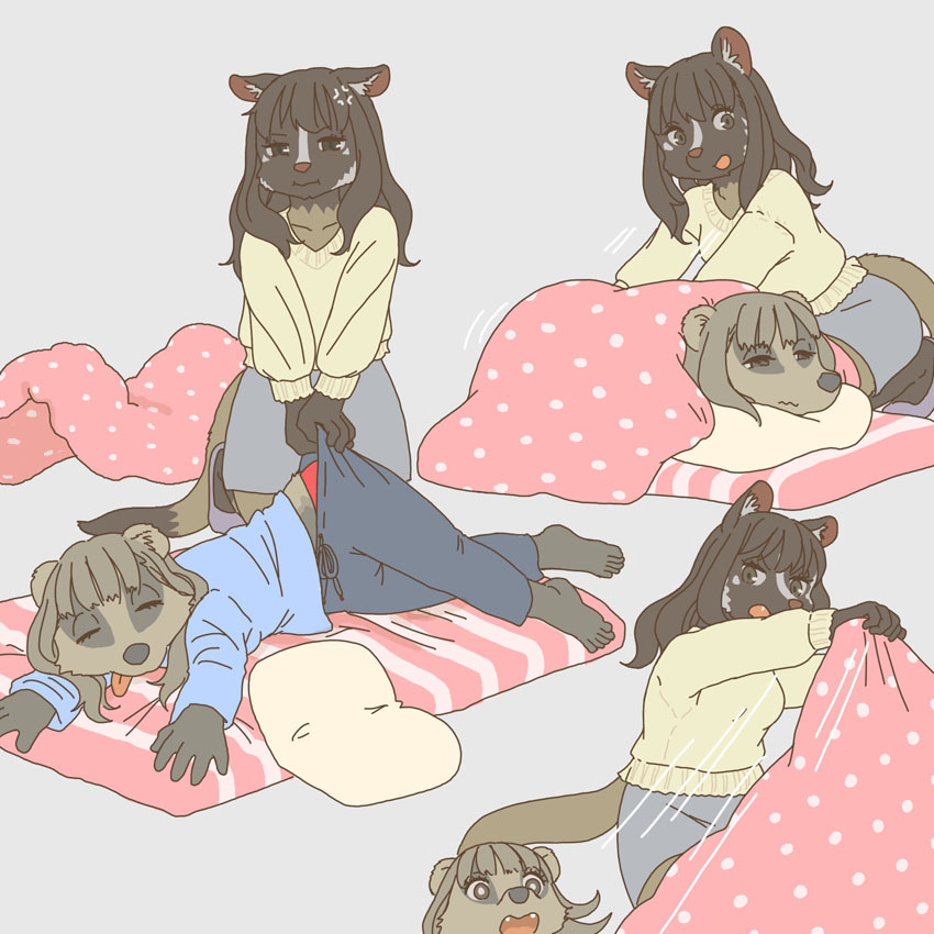 annoyed anthro badger civet clothed clothing cross-popping_vein duo ekaki510 eyes_closed female japanese_badger mammal masked_palm_civet meles mustelid musteline palm_civet pillow sleeping tired viverrid