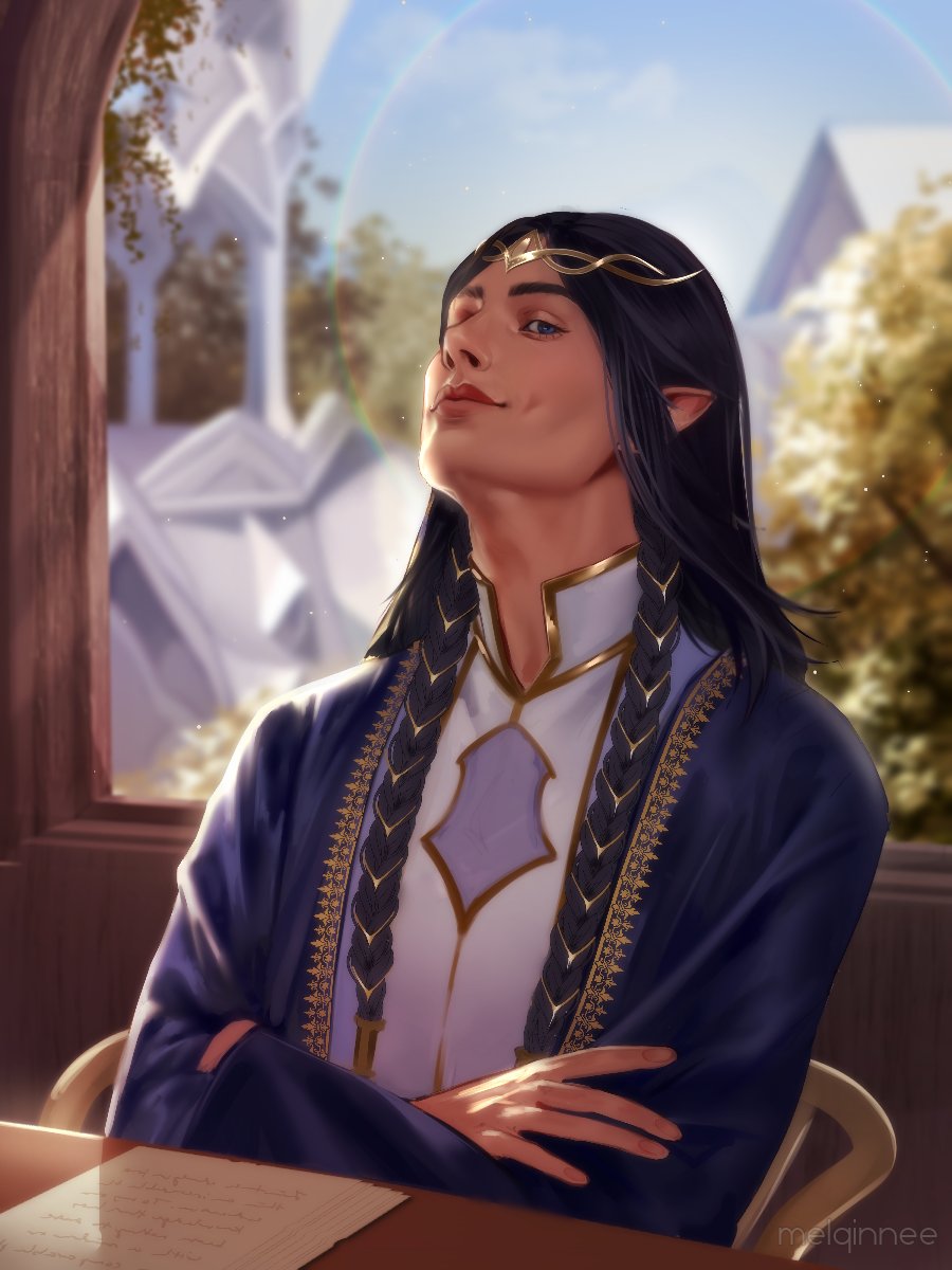 1boy black_hair blue_eyes blue_robe blue_sky chair circlet crossed_arms day elf fingon highres indoors long_hair melqinnee on_chair open_clothes open_robe paper pointy_ears robe shirt sitting sky solo table the_silmarillion tolkien's_legendarium tree white_shirt window