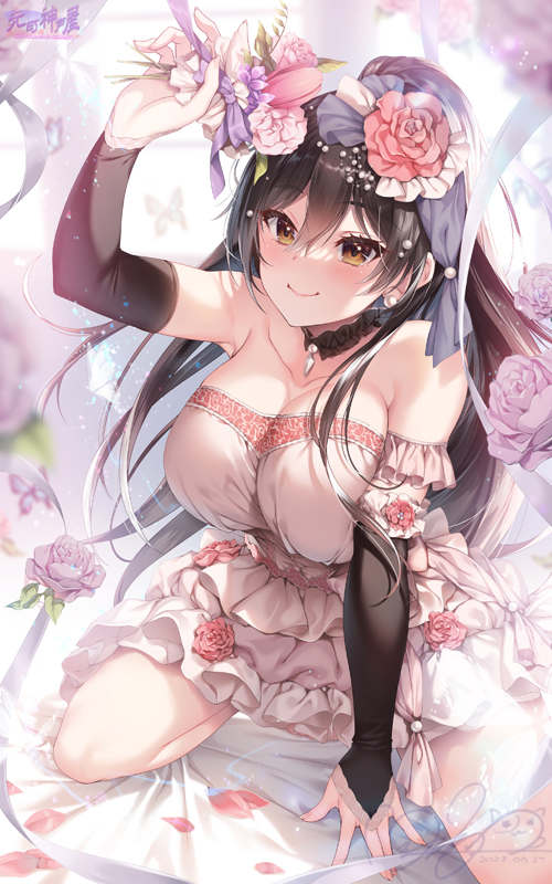 1girl arm_support arm_up bare_shoulders bed_sheet black_choker black_hair blurry blush breasts bridal_gauntlets bug butterfly choker cleavage closed_mouth collarbone dated depth_of_field dot_nose dress earrings flower from_above hair_between_eyes hair_flower hair_ornament high_ponytail hozumi_kaoru idolmaster idolmaster_shiny_colors jewelry kneeling large_breasts layered_dress long_hair looking_at_viewer on_bed petals pink_dress pink_flower ponytail purple_flower shirase_sakuya signature smile solo window yellow_eyes