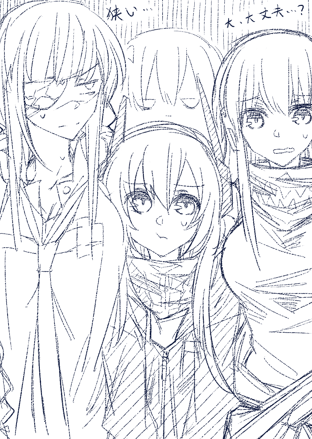 4girls :t :| anti-rain_(girls'_frontline) breasts chinese_commentary closed_mouth clothes_around_waist commentary_request eyepatch girls'_frontline greyscale hair_between_eyes headgear highres jacket jacket_around_waist jitome large_breasts looking_at_viewer looking_to_the_side m16a1_(girls'_frontline) m4_sopmod_ii_(girls'_frontline) m4a1_(girls'_frontline) mask monochrome multiple_girls necktie open_mouth shirt skull_mask st_ar-15_(girls'_frontline) su_xiao_jei sweatdrop translation_request