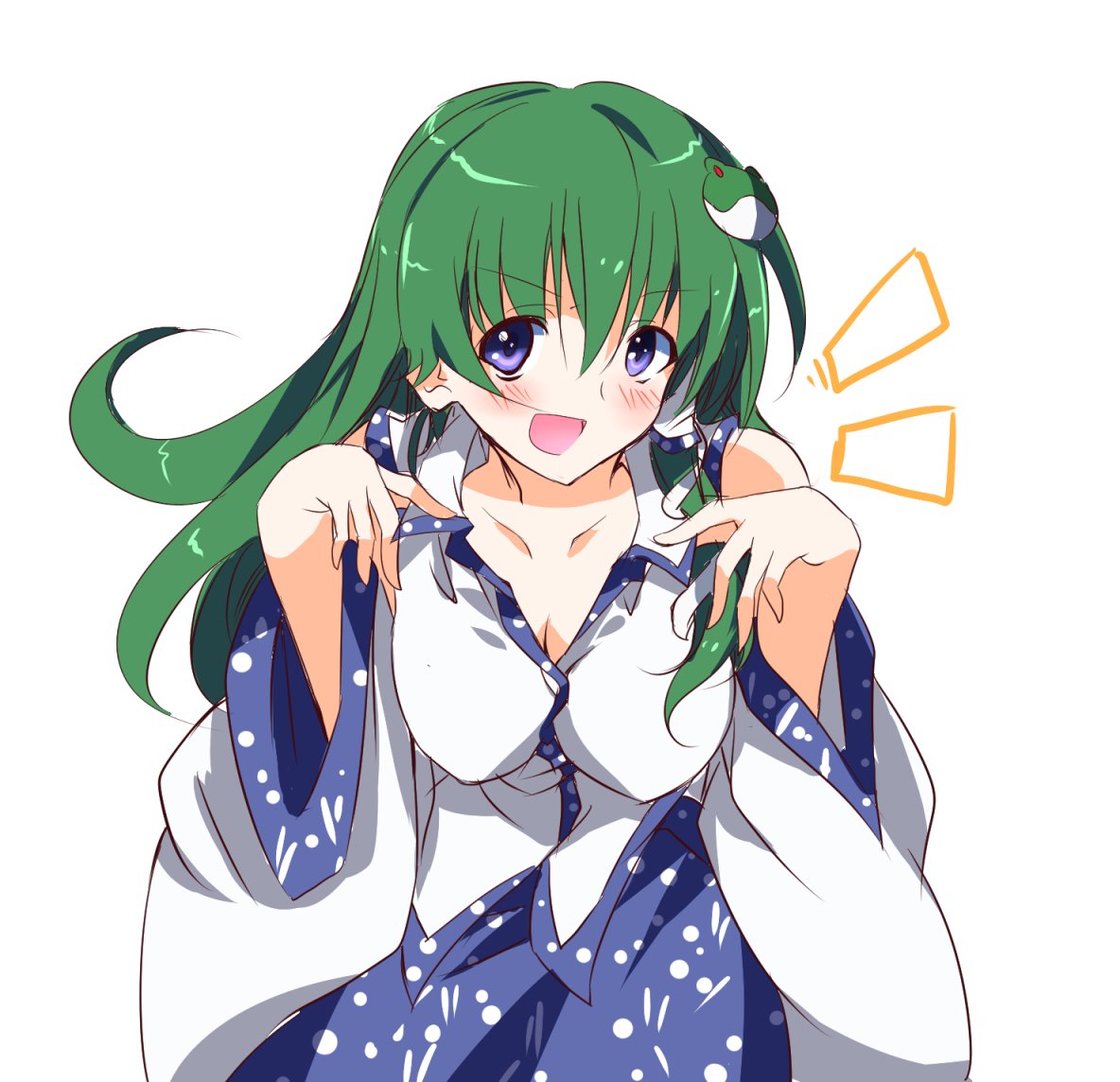 1girl bare_shoulders blue_eyes blue_skirt blush breasts cleavage frog_hair_ornament green_hair hair_ornament ichimura_kanata japanese_clothes kochiya_sanae long_hair looking_at_viewer miko one-hour_drawing_challenge open_mouth polka_dot skirt solo touhou white_background
