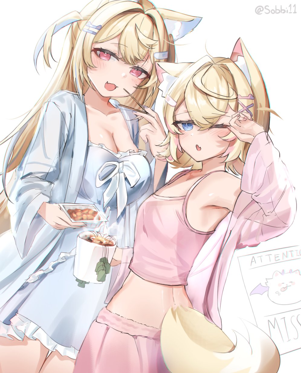 2girls alternate_costume animal_ears bandaid bandaid_hair_ornament blonde_hair blue_eyes blue_hair blue_nightgown blue_robe blush breasts camisole chopsticks cleavage coffee_mug crossed_bangs cup dog_ears dog_girl dog_tail double-parted_bangs eating fang food fuwawa_abyssgard hair_between_eyes hair_intakes hair_ornament hairclip highres holding holding_chopsticks hololive hololive_english long_hair looking_at_viewer medium_breasts missing_poster mococo_abyssgard mug multicolored_hair multiple_girls nattou nightgown one_eye_closed perroccino_(fuwamoco) pink_camisole pink_eyes pink_hair pink_robe robe rubbing_eyes short_hair siblings sisters skin_fang sleepwear sleepy small_breasts sobbi11 streaked_hair tail tea teabag twins twitter_username two_side_up virtual_youtuber waking_up x_hair_ornament