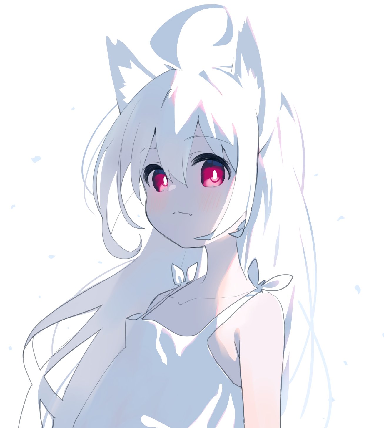 1girl ahoge animal_ears closed_mouth collarbone dress fang flat_chest highres long_hair looking_at_viewer meito_(maze) original red_eyes simple_background skin_fang sleeveless sleeveless_dress solo upper_body white_background white_dress white_hair