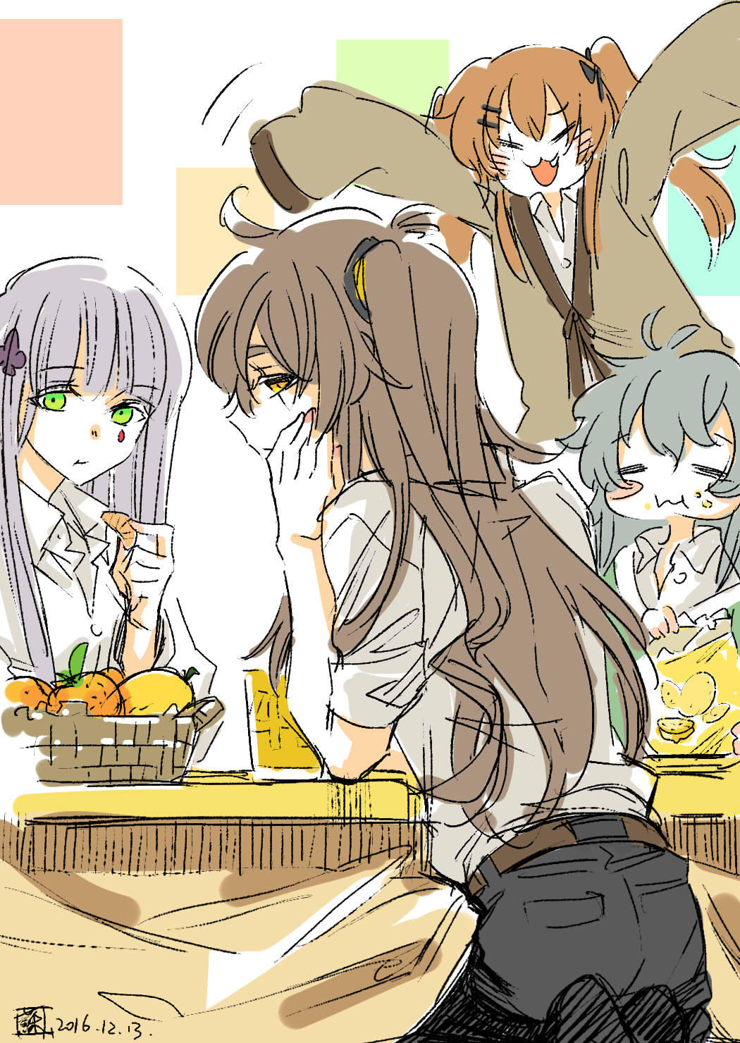 404_(girls'_frontline) 4girls :3 :t =_= arms_up bag_of_chips basket black_ribbon black_shorts blunt_bangs blush blush_stickers brown_hair casual cheek_rest chinese_commentary closed_eyes closed_mouth club_hair_ornament commentary_request cup dated eating elbow_rest elbows_on_table fang food food_on_face fruit g11_(girls'_frontline) girls'_frontline green_eyes grey_hair hair_between_eyes hair_ornament hair_ribbon hairclip highres hk416_(girls'_frontline) holding holding_food kotatsu looking_at_viewer looking_to_the_side mandarin_orange multiple_girls one_side_up orange_(fruit) orange_slice outstretched_arms ribbon scar scar_across_eye seiza shirt short_sleeves shorts simple_background sitting sleeves_past_fingers sleeves_past_wrists square su_xiao_jei table teardrop_facial_mark twintails ump45_(girls'_frontline) ump9_(girls'_frontline) white_background white_shirt yellow_eyes