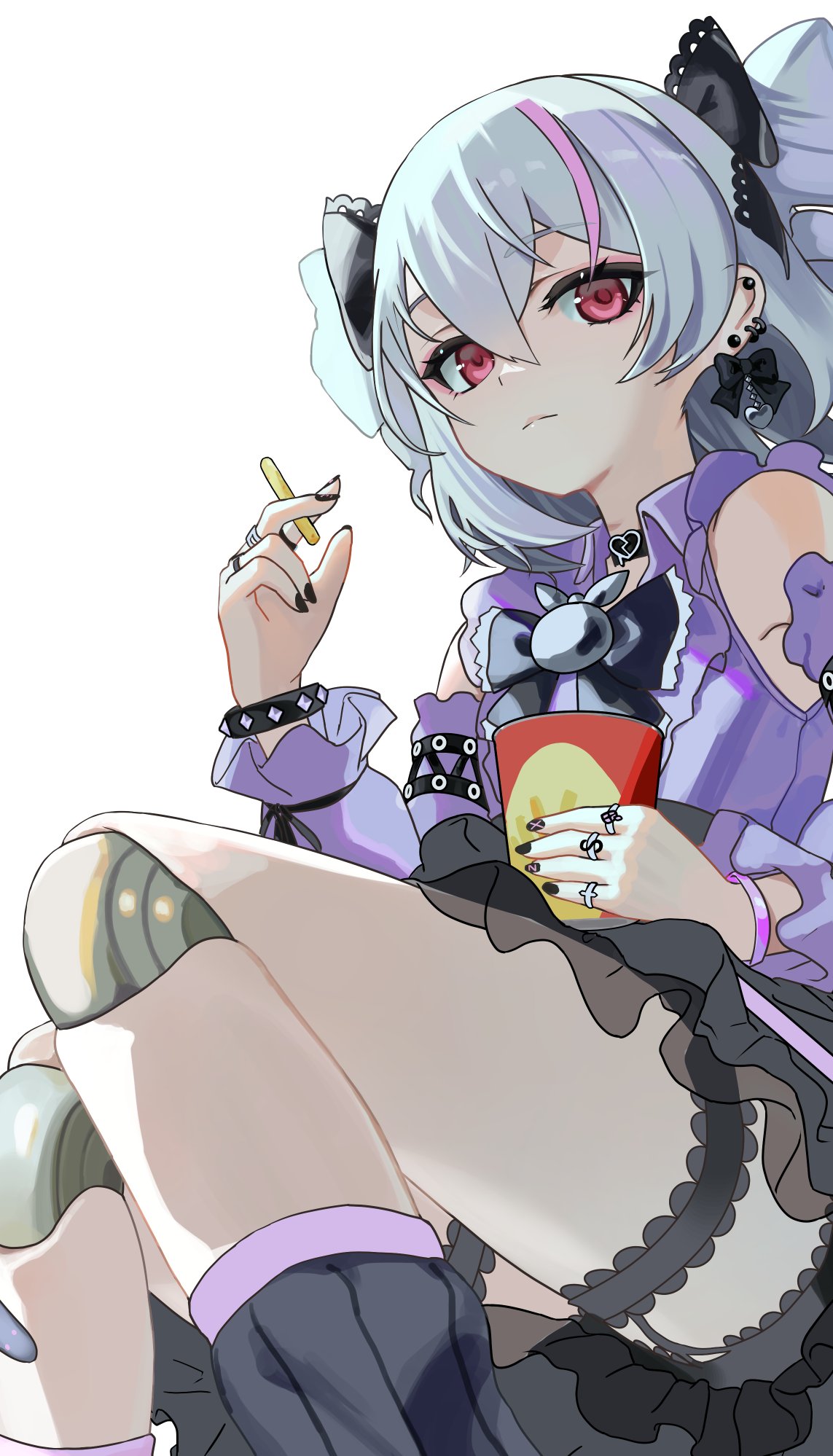 1girl arin_(1010_ssu) bare_shoulders between_fingers black_bow black_skirt bow closed_mouth collared_shirt commentary_request detached_sleeves ear_piercing food grey_hair grey_panties hair_between_eyes hair_bow highres holding holding_food honkai_(series) honkai_impact_3rd joints long_hair long_sleeves multicolored_hair panties piercing pink_hair prometheus_(honkai_impact) puffy_long_sleeves puffy_sleeves purple_shirt purple_sleeves red_eyes robot_joints see-through shirt simple_background sitting skirt sleeveless sleeveless_shirt solo streaked_hair underwear white_background