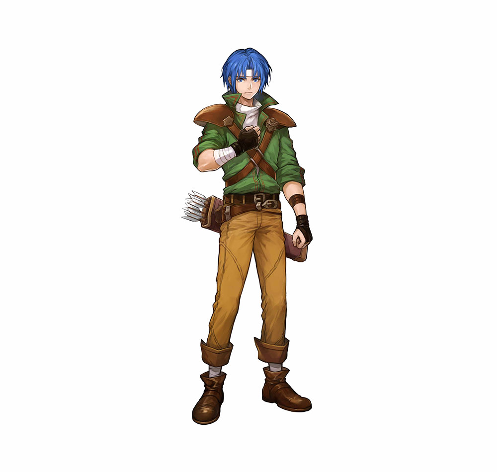 1boy armor arrow_(projectile) blue_eyes blue_hair brown_footwear clenched_hand fire_emblem fire_emblem:_thracia_776 fire_emblem_heroes full_body green_shirt headband official_art pants pauldrons quiver ronan_(fire_emblem) shirt shoulder_armor solo standing uroko_(mnr) white_headband yellow_pants