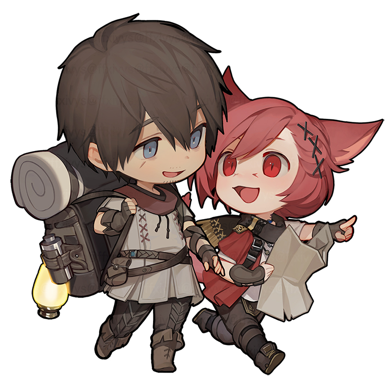 2boys :d adventurer_(ff14) animal_ears backpack bag belt belt_pouch black_scarf blue_eyes boots brown_footwear brown_gloves brown_hair brown_pants cat_boy cat_ears cat_tail chibi elbow_gloves eye_contact facial_mark ffxivys final_fantasy final_fantasy_xiv fingerless_gloves fringe_trim from_side full_body g'raha_tia gloves grey_shirt hair_ornament holding holding_map holding_strap hyur jacket jewelry knee_boots looking_at_another male_focus map miqo'te multiple_boys oil_lamp open_mouth outstretched_arm pants pendant pointing pointing_forward pouch red_eyes red_hair red_jacket running scar scar_on_cheek scar_on_face scarf shirt short_hair shoulder_belt simple_background slit_pupils smile swept_bangs tail walking warrior_of_light_(ff14) white_background x_hair_ornament