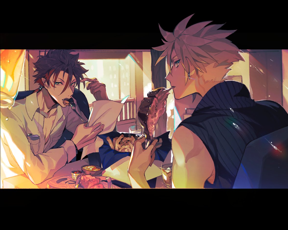 2boys bare_shoulders blonde_hair cloud_strife collared_shirt earrings eating facial_mark final_fantasy final_fantasy_vii final_fantasy_vii_advent_children food fork french_fries hair_between_eyes hand_in_own_hair high_collar holding holding_paper indoors jewelry letterboxed long_sleeves looking_at_viewer looking_back low_ponytail male_focus multiple_boys paper pokashi red_hair reno_(ff7) shirt short_hair short_hair_with_long_locks single_earring sleeveless sleeveless_shirt sparkle spiked_hair upper_body white_shirt