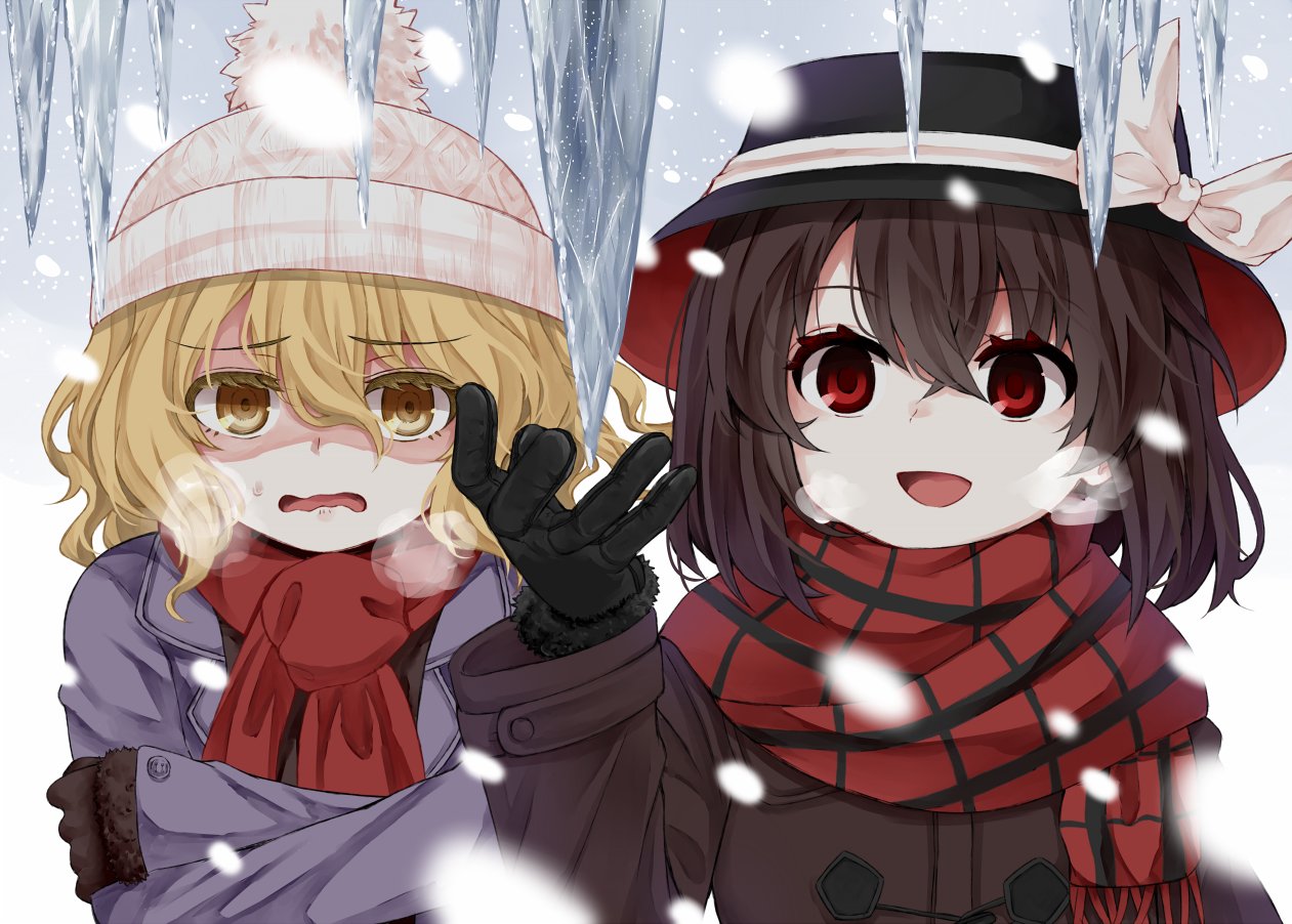 2girls :d black_gloves black_headwear blonde_hair bow breath brown_coat brown_hair cloud cloudy_sky coat commentary_request crossed_arms fedora gloves hat hat_bow ice long_sleeves maribel_hearn multiple_girls open_clothes open_coat open_mouth outdoors plaid plaid_scarf pom_pom_(clothes) purple_coat red_eyes red_scarf scarf short_hair sky smile stalactite touhou upper_body usami_renko wavy_mouth white_bow white_headwear wind yellow_eyes zetsumame