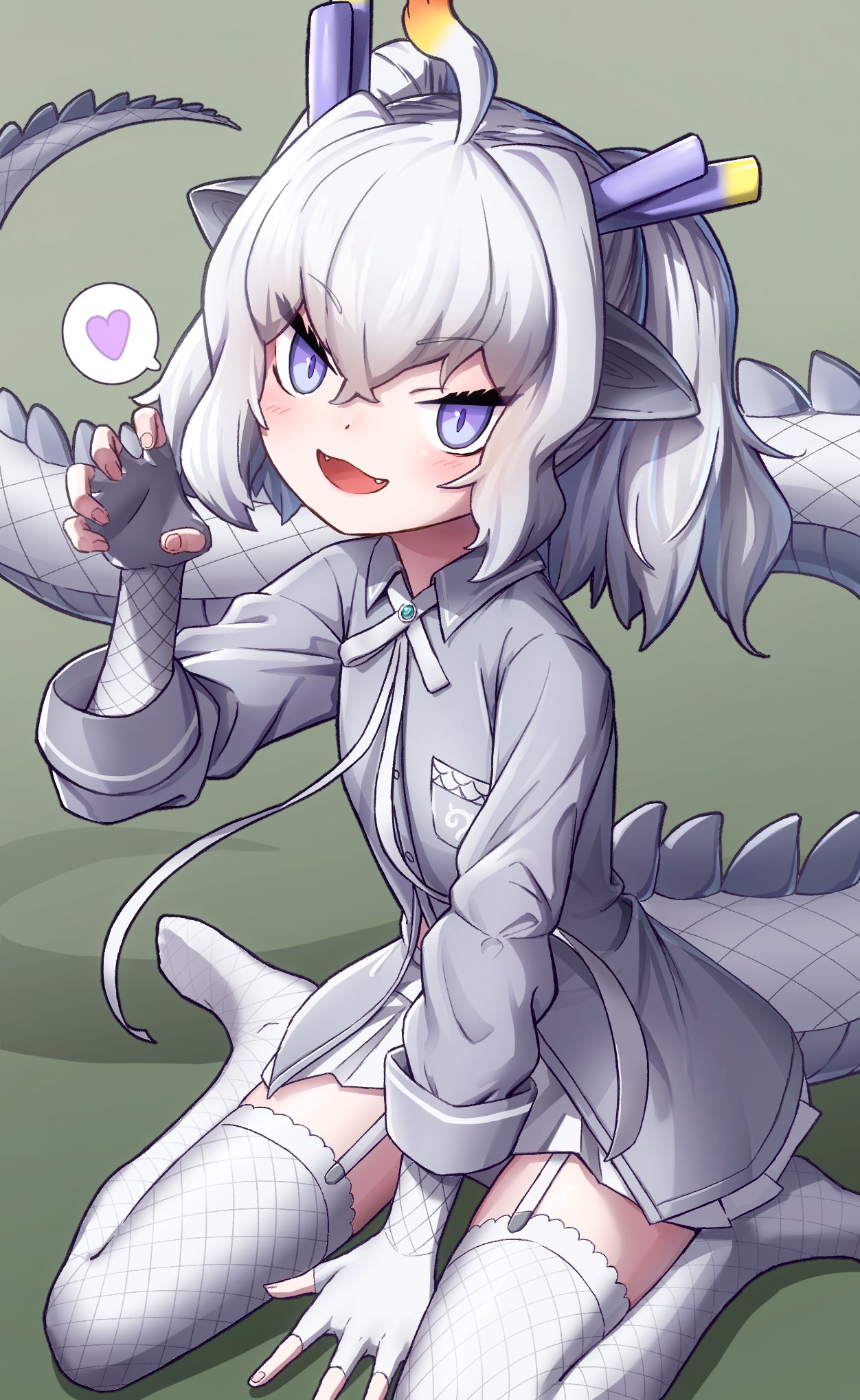 1girl blush claw_pose dragon_ears dragon_girl dragon_horns dragon_tail elbow_gloves fangs fingerless_gloves garter_straps gloves grey_eyes grey_gloves grey_shirt hair_between_eyes heart highres horns kemono_friends kemono_friends_3 long_sleeves looking_at_viewer mogurii no_shoes open_mouth pleated_skirt scales shirt short_hair sidelocks skirt smile solo spoken_heart tail thighhighs white_dragon_(kemono_friends) white_hair white_skirt white_thighhighs zettai_ryouiki