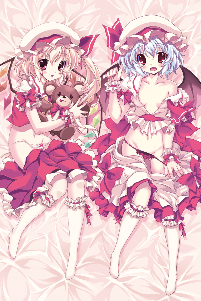 2girls bare_shoulders bat_wings blonde_hair blue_hair bow breasts collarbone dakimakura_(medium) flandre_scarlet from_above full_body hair_between_eyes hat hat_ribbon holding holding_stuffed_toy kneehighs looking_at_viewer lumine_(2339) lying medium_hair mob_cap multicolored_wings multiple_girls nail_polish no_shoes off-shoulder_shirt off_shoulder on_back on_bed open_mouth panties panty_pull pink_background pink_headwear puffy_short_sleeves puffy_sleeves red_bow red_eyes red_nails red_panties red_ribbon red_skirt red_vest remilia_scarlet ribbon shirt short_sleeves siblings sisters skirt sleeve_bow small_breasts socks stuffed_animal stuffed_toy teddy_bear tongue tongue_out touhou underwear vest white_panties white_shirt white_socks wings wrist_cuffs