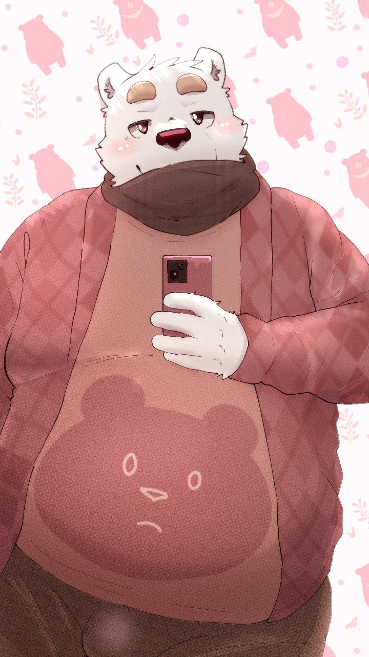 2024 anthro bear blush cellphone clothing electronics hi_res kemono male mammal menmen_kesinn overweight overweight_male phone polar_bear scarf smartphone solo sweater topwear ursine