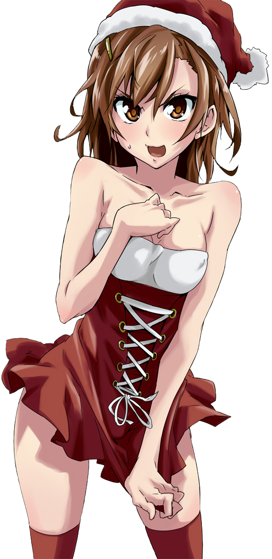 &gt;:) 1girl bare_arms bare_shoulders breasts brown_eyes brown_hair christmas covered_nipples dress feet_out_of_frame hair_between_eyes hair_ornament hairclip hand_on_own_chest hand_up hat light_blush looking_at_viewer medium_breasts medium_hair misaka_mikoto open_mouth photoshop_(medium) red_dress red_headwear red_thighhighs santa_costume santa_hat short_dress simple_background solo standing sweatdrop thighhighs thighs toaru_kagaku_no_railgun toaru_majutsu_no_index toru_k transparent_background v-shaped_eyebrows zettai_ryouiki