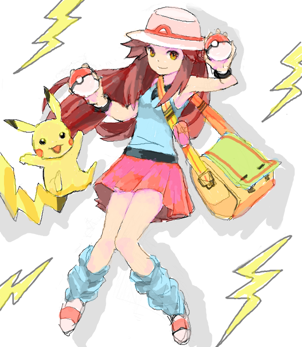 1girl bad_drawr_id bad_id bare_arms blue_camisole blue_socks brown_hair camisole character_request closed_mouth drop_shadow full_body hands_up hat holding holding_poke_ball lightning_bolt_symbol long_hair looking_at_viewer loose_socks oekaki pikachu poke_ball pokemon red_skirt sidelocks skirt slippers smile socks solo suya000 yellow_bag yellow_eyes
